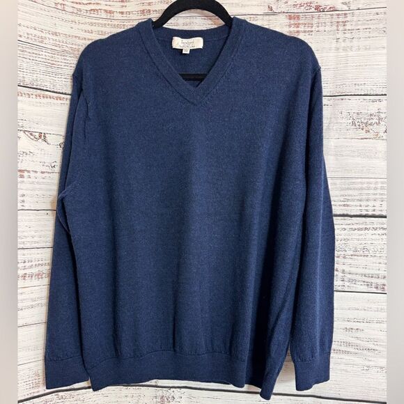 Turnbury Sweater Mens Size 2X Extra Fine Merino Wool Knit Navy Blue V Neck - Picture 1 of 10